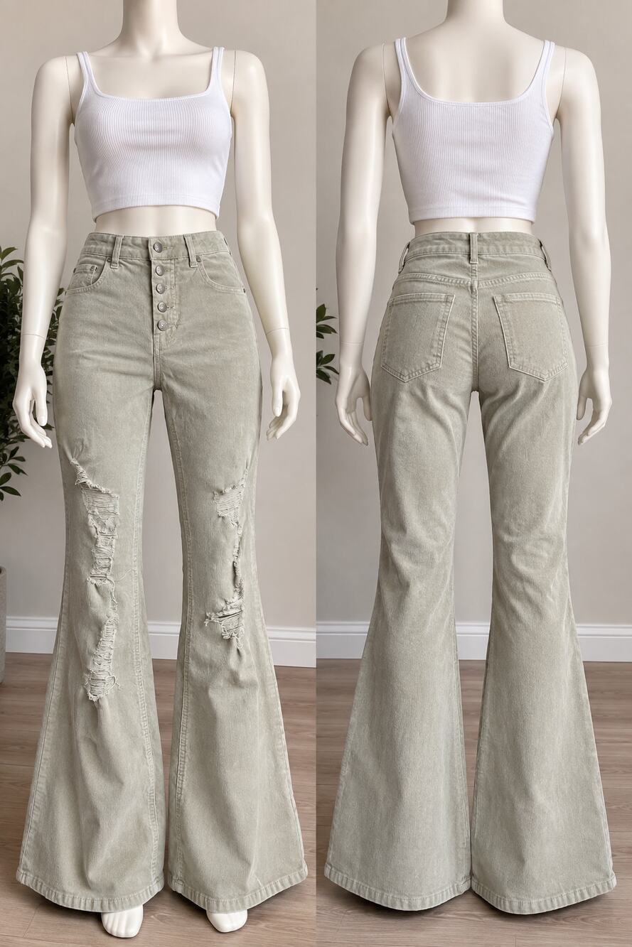 Forever 21 Corduroy Flare Pants Womens M Distressed Beige Button Fly Y2K Boho